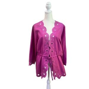 Bob Mackie Pink Scalloped Eyelet Cotton Jacket Tie Front Size XL